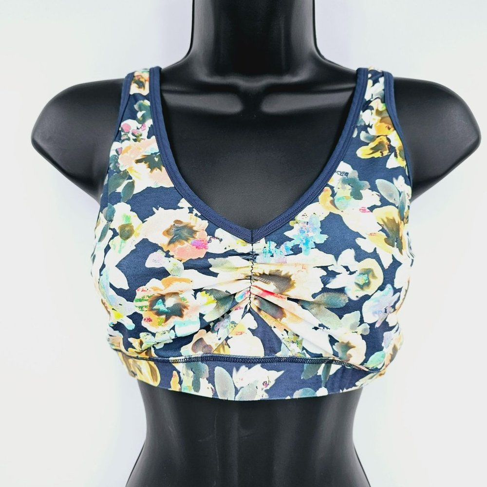 Anthropologie Pure Good Sports Bra S Colorful Blue Floral Strappy Mesh Ruched